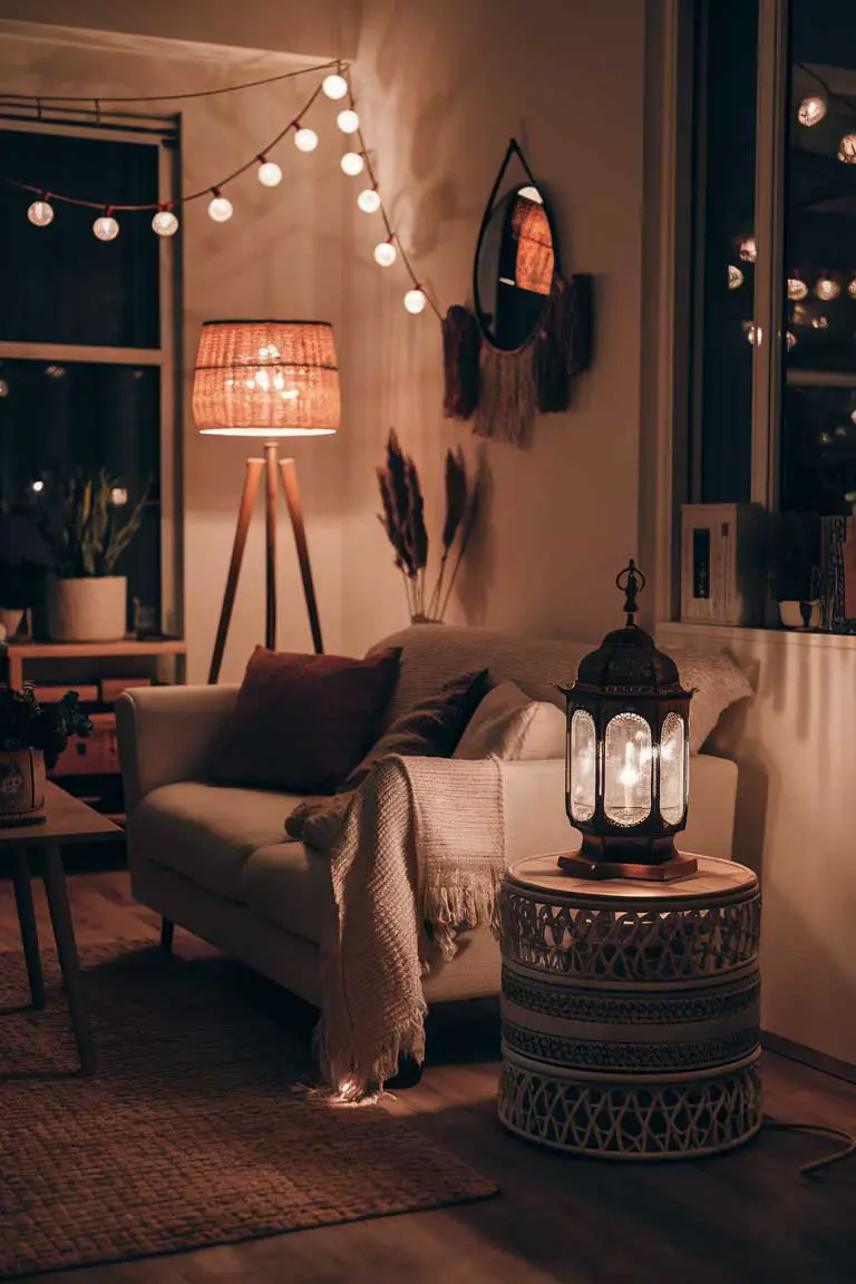 Nighttime tiny boho living room with string lights, rattan floor lamp, and Moroccan lantern