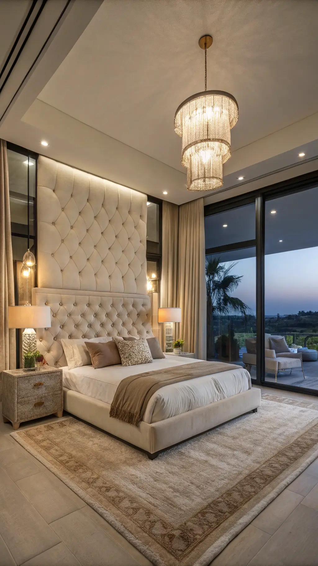 Elegant bedroom at dusk featuring warm pendant lighting, ivory velvet headboard, champagne silk drapes, oak nightstands, ceramics, and a soft wheat-toned rug.