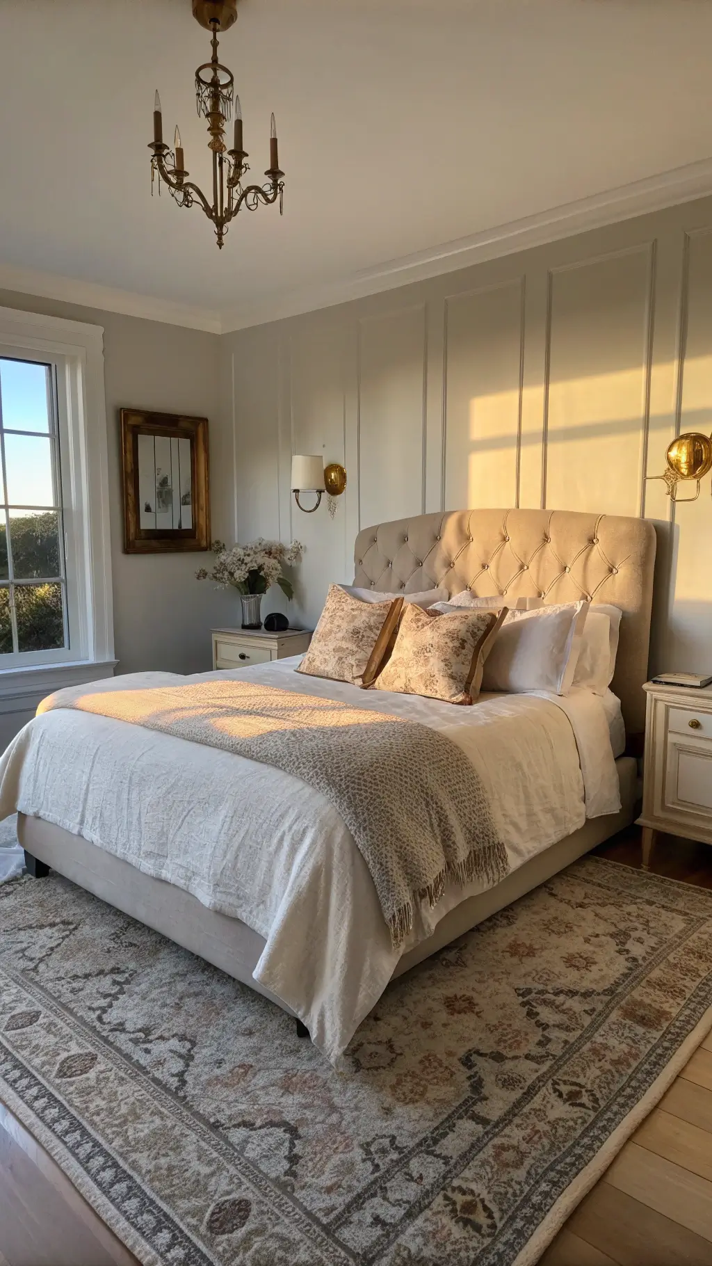 Bedroom bathed in golden hour light with pearl-gray walls, cloud-white linen bed, neutral pillows, vintage rug, brass sconces, and a large arched mirror reflecting fading daylight.