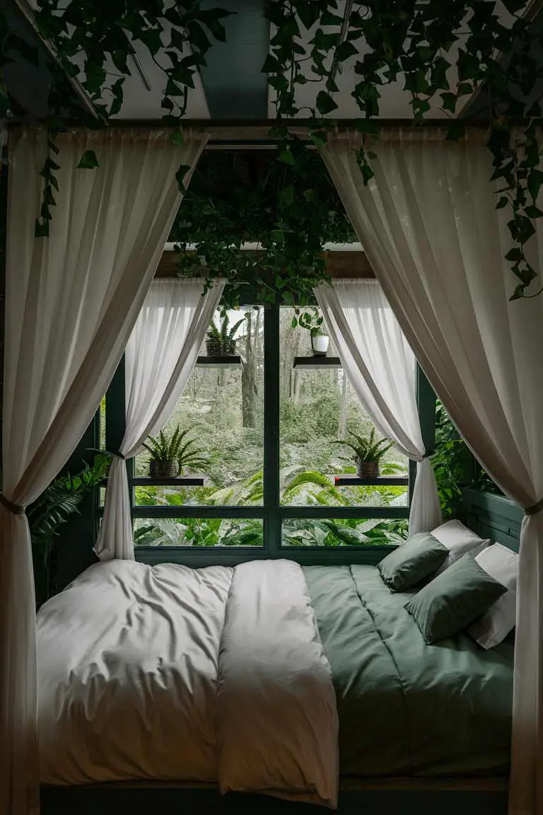 Tiny bedroom with large window showing forest, canopy bed with white curtains, and indoor ferns