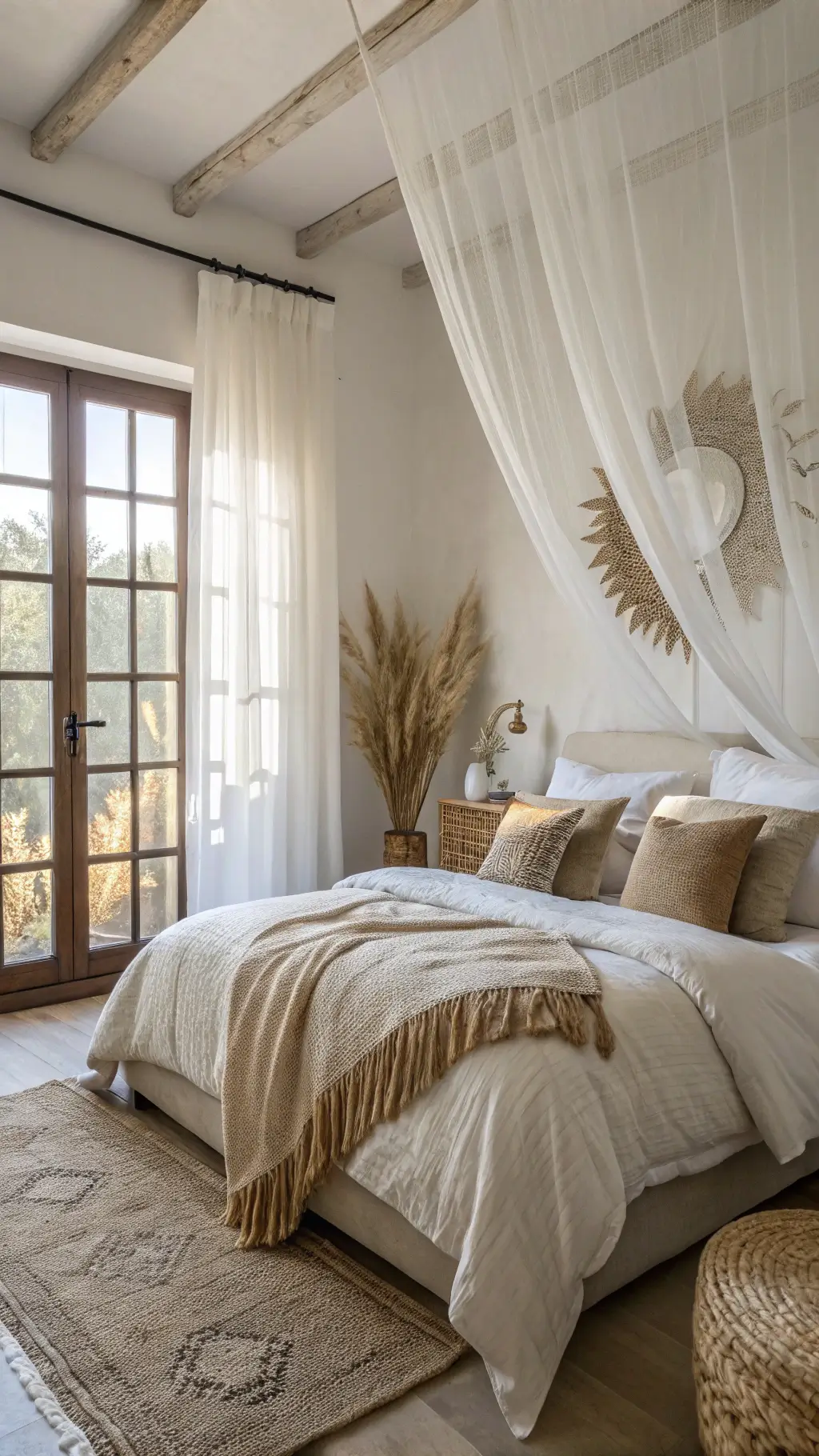 Sunrise illuminating an airy bedroom with sheer white curtains, greige Belgian linen-upholstered bed, warm taupe organic cotton bedding, weathered ceramic vessels with pampas grass, and a vintage Moroccan blanket.