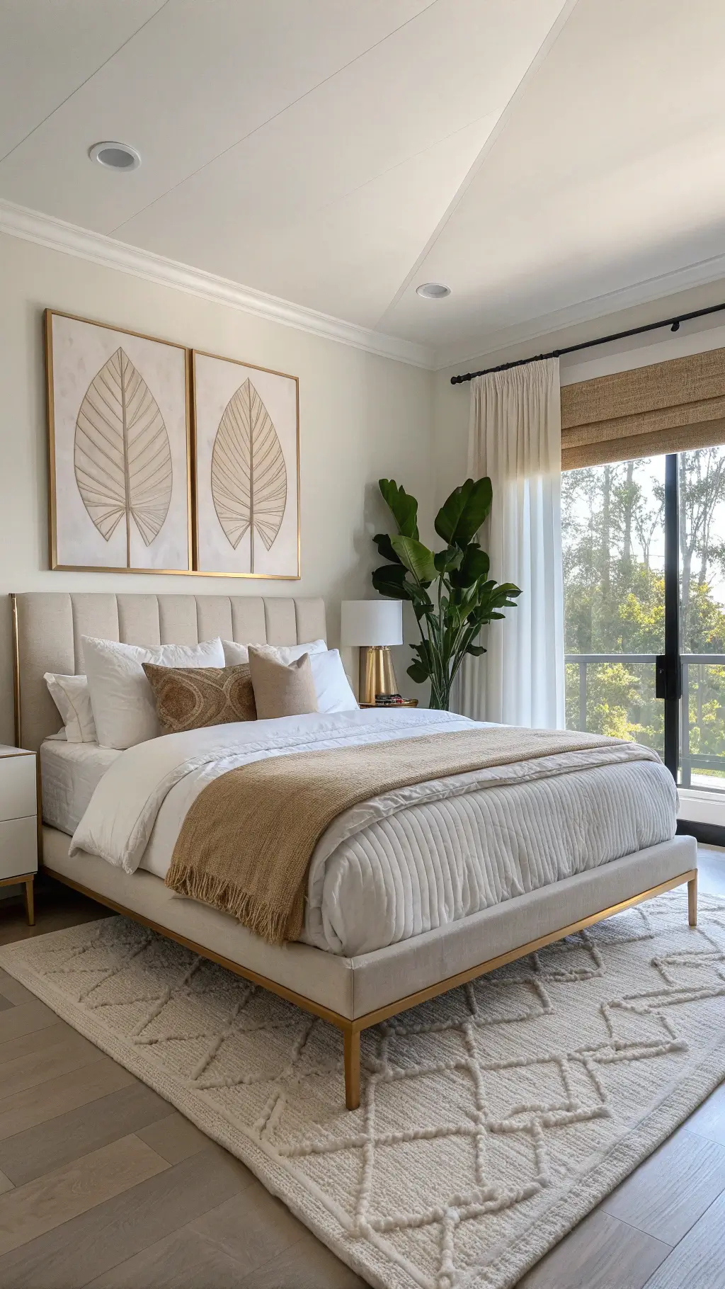 Minimalist 15x15ft bedroom with low-profile brass bed, abstract neutral-toned art, fiddle leaf fig, and selenite crystals, bathed in midday light through roman shades.