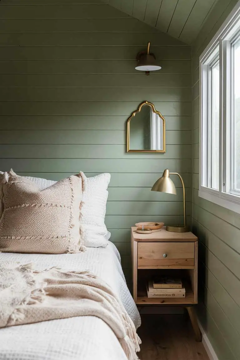 Tiny bedroom corner with celadon walls, white bedding, taupe cushions, brass mirror, and wooden nightstand