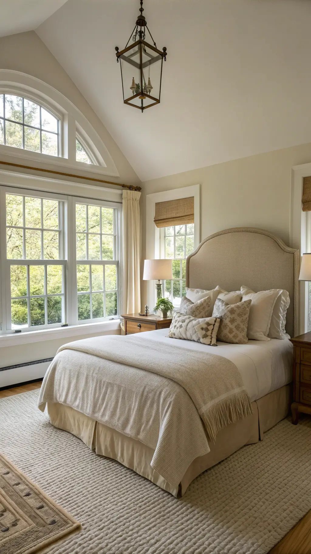 Traditional-modern bedroom in afternoon light with colonial-style window bay, natural linen wingback headboard, layered ivory and cream bedding, sisal carpet, and antique brass reading lamps.