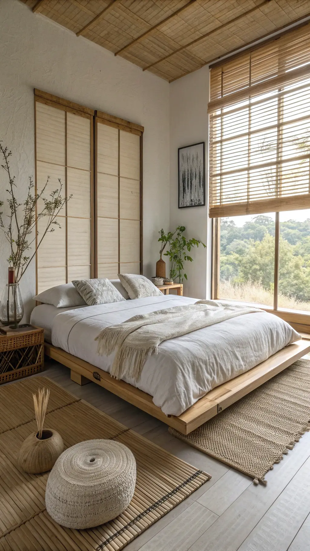 Zen-inspired bedroom with bamboo blinds, bleached teak platform bed, ivory linen, handcrafted ceramic vessels with dried botanicals, and natural fiber tatami mats.