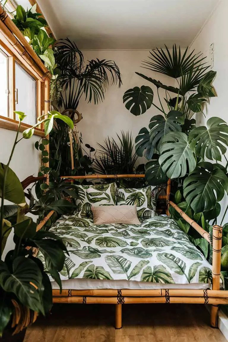 Tiny bedroom with bamboo bed, tropical plants, and leaf-patterned bedding