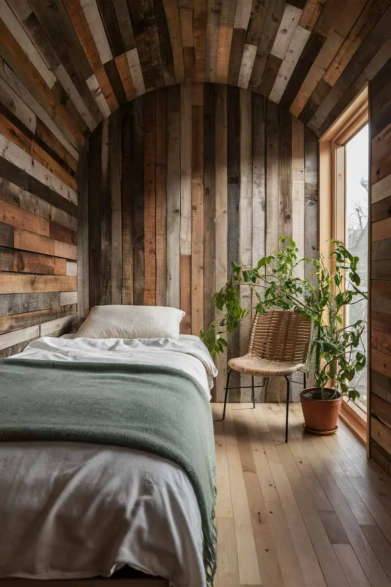 Cozy tiny bedroom with reclaimed wood walls, green wool blanket, organic cotton sheets, and sustainable furniture