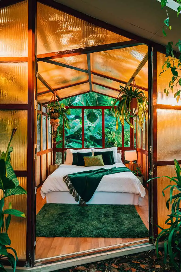 Tiny bedroom with glass walls, white bed with green pillows, hanging plants, and green rug