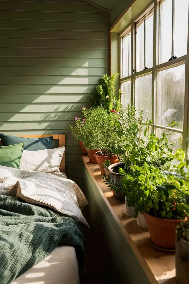Tiny bedroom with celadon walls, wooden bed, white and green linens, and windowsill herb garden