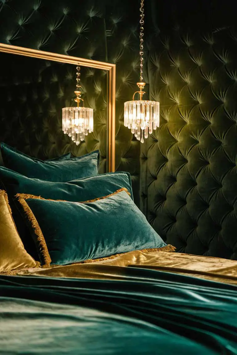 Opulent tiny bedroom with dark green velvet walls, green and gold velvet bedding, crystal chandelier, and gold mirrors