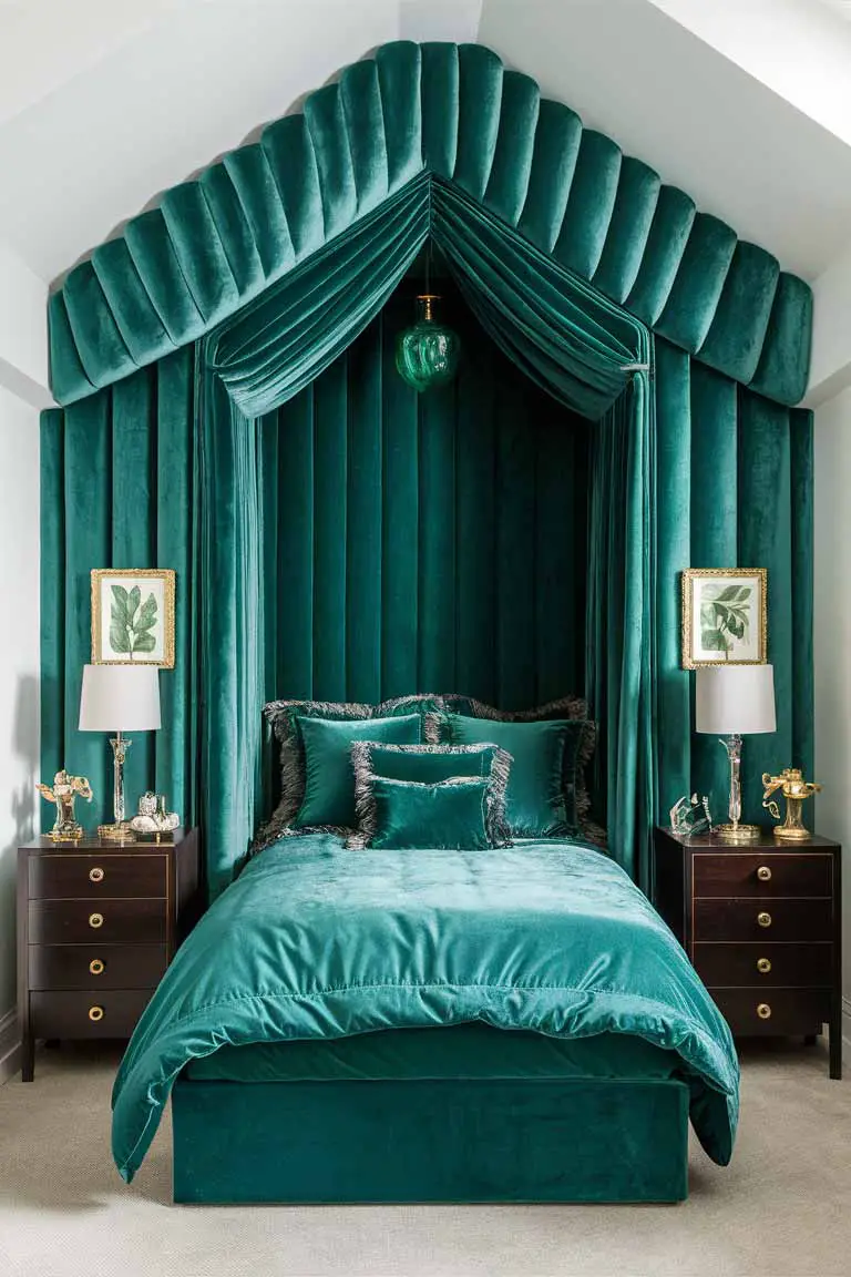 Luxurious tiny bedroom with jade velvet wall, dark wood furniture, gold botanical prints, and green glass chandelier