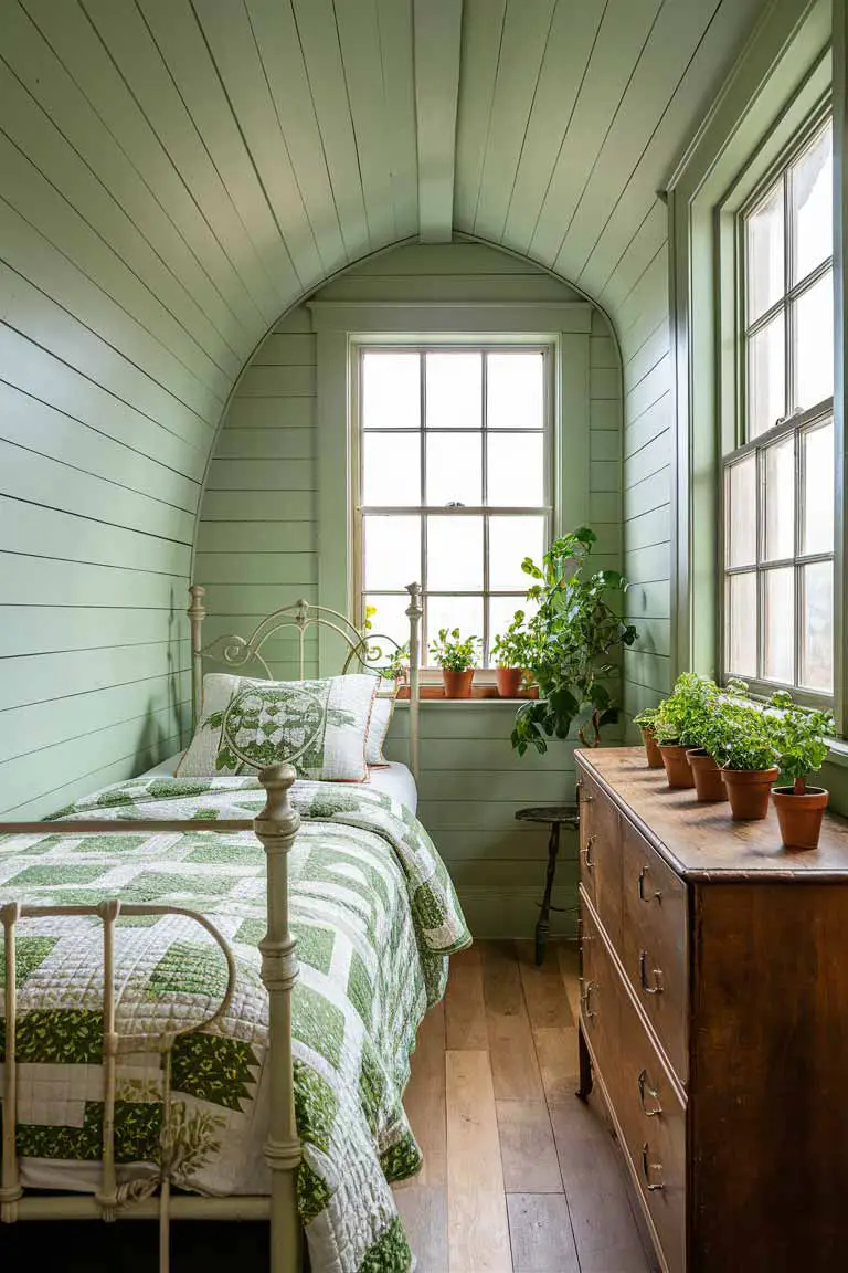 Charming tiny bedroom with pale green shiplap walls, white wrought iron bed, green and white quilt, and wooden dresser with herbs