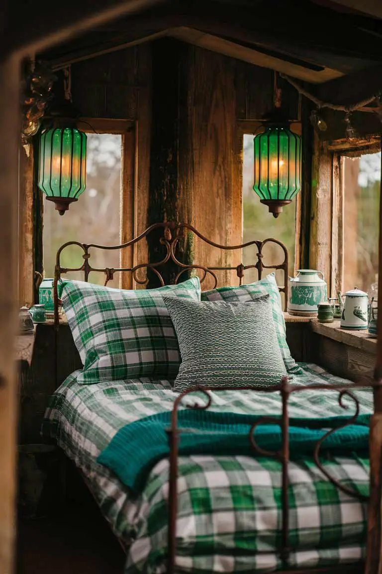 Cozy tiny bedroom with exposed wood walls, green plaid bedding, wrought iron bed, and vintage green lanterns
