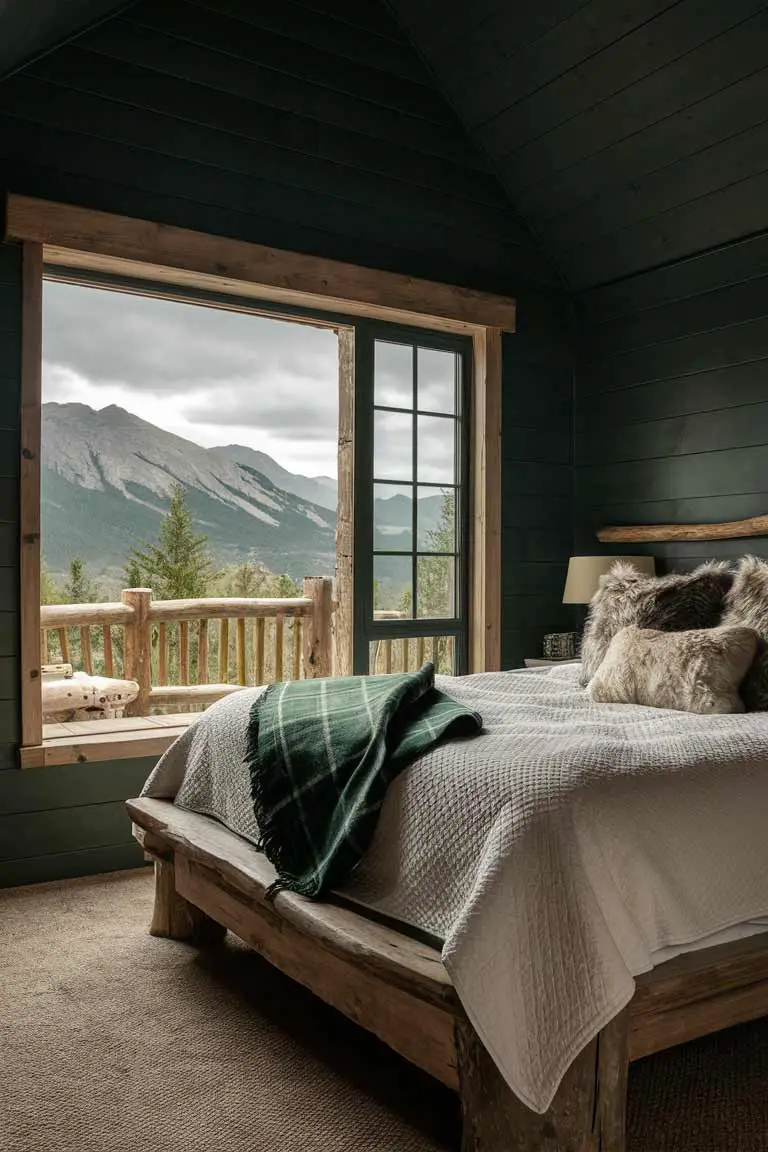 Tiny bedroom with dark green walls, mountain view window, wooden bed, plaid throw, and faux fur pillows