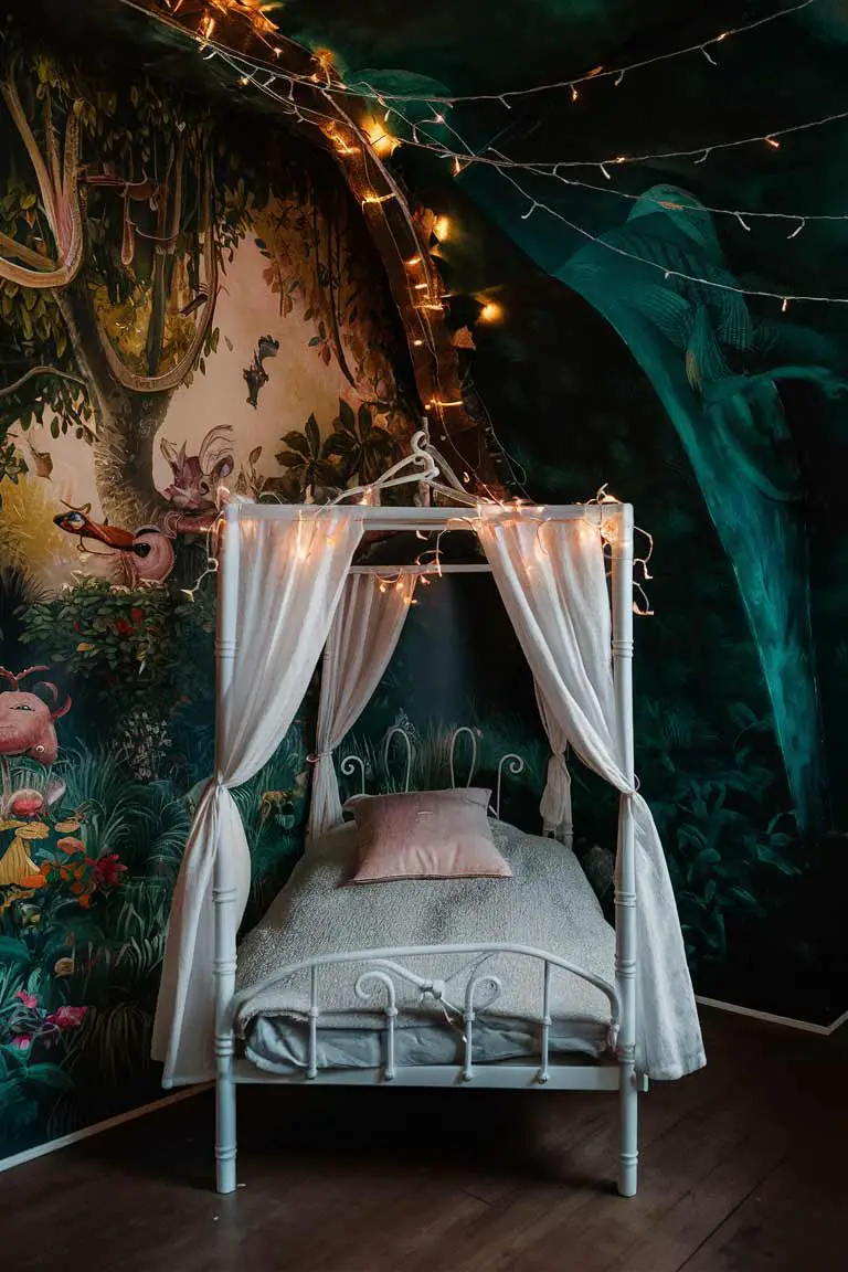 Tiny bedroom with enchanted forest mural, canopy bed with white curtains, deep green walls, and fairy lights