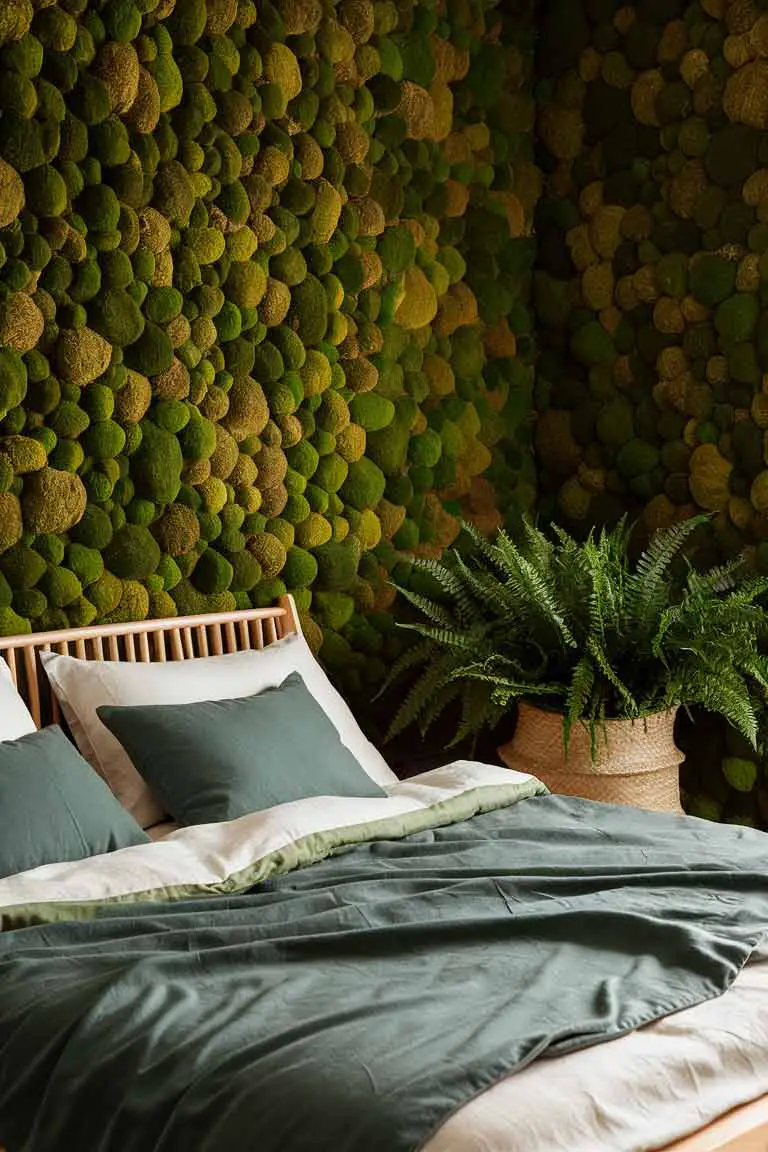 Small bedroom with moss-covered wall, wooden bed, white and green linens, and large fern in basket