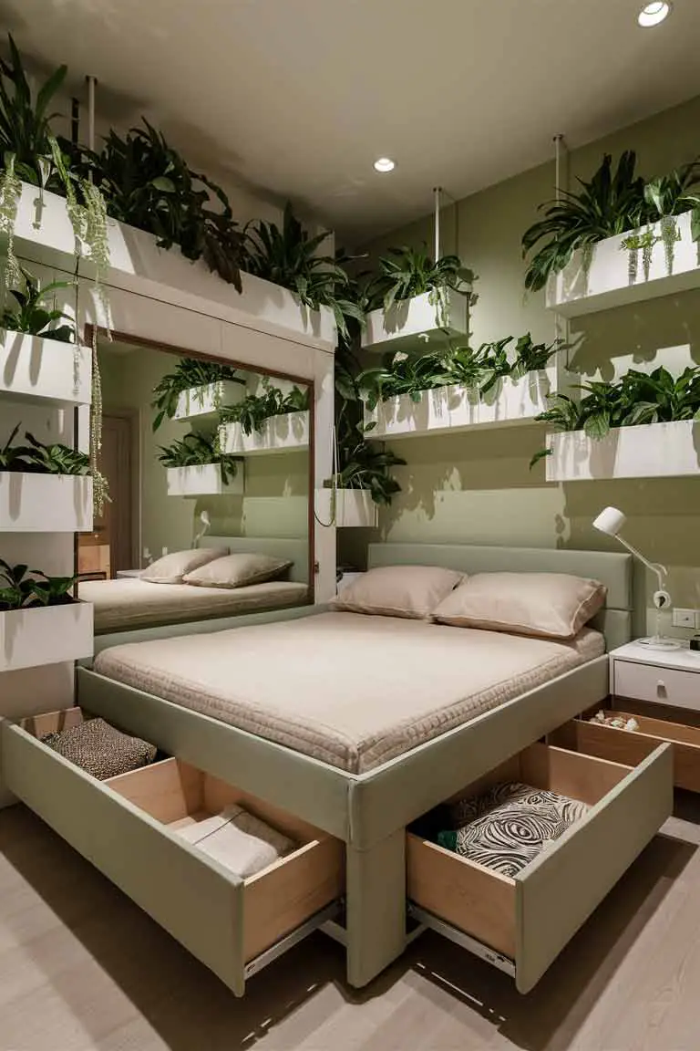 Compact bedroom with storage bed, wall-mounted plant shelves, and large mirror enhancing space