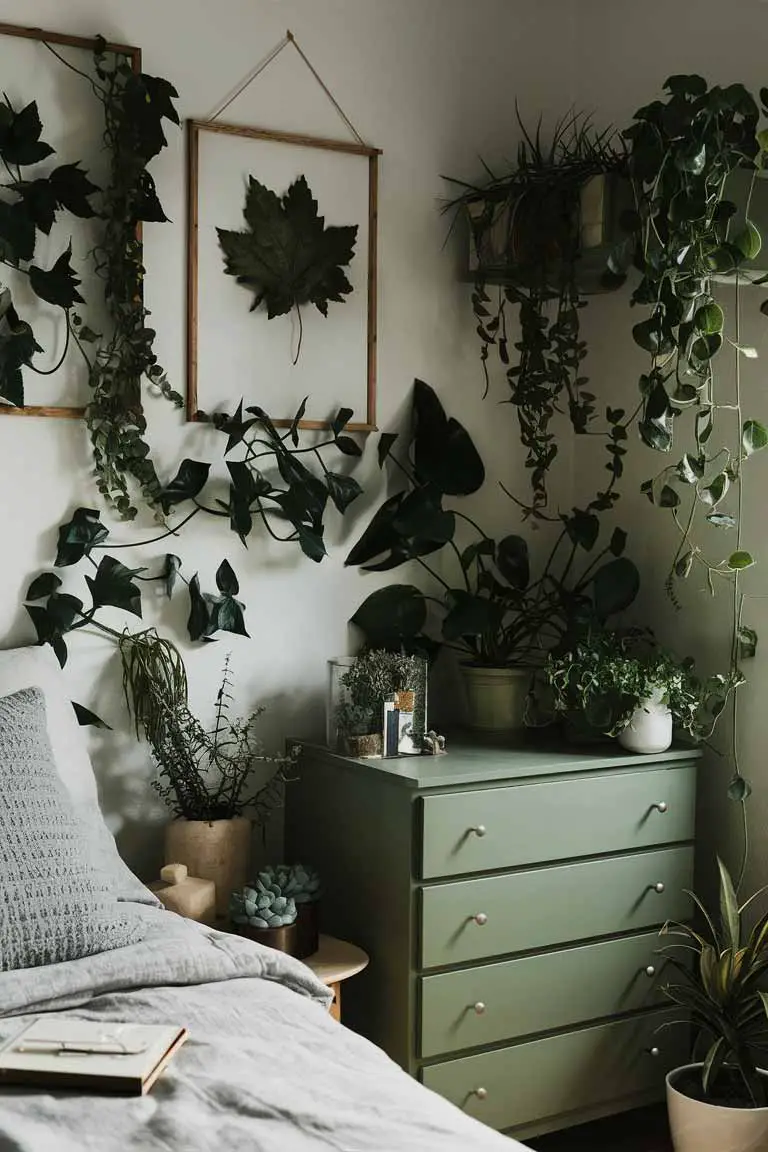 Tiny bedroom with DIY leaf art, sage-painted dresser, and small low-maintenance plants