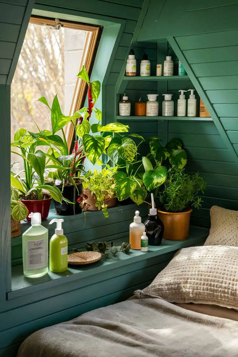 Tiny green bedroom with grouped plants on windowsill, natural cleaning products, and seasonal decor