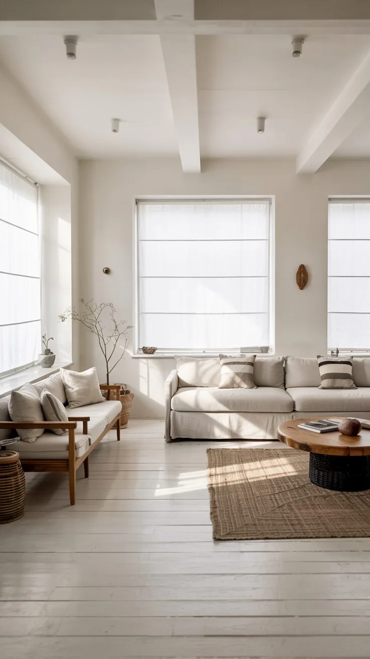 Minimalist Scandinavian living room with white walls and light wood floors illuminated by natural light.