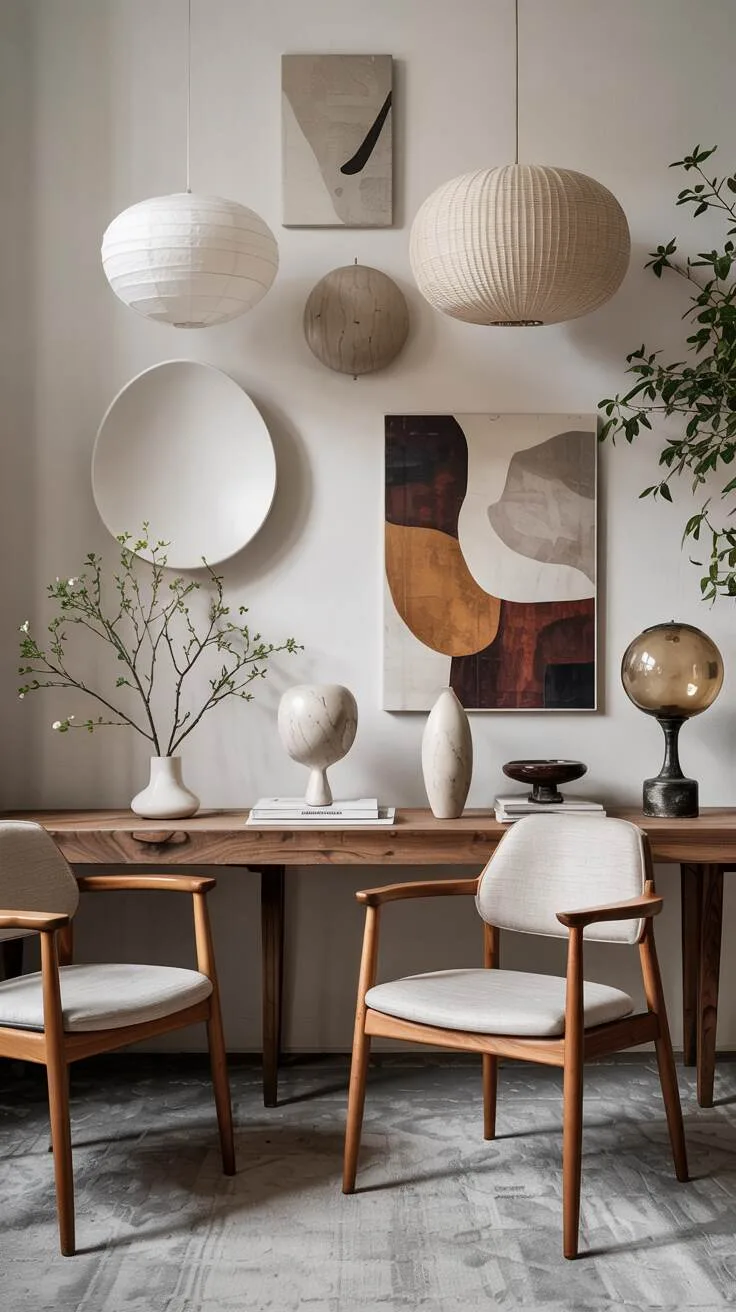 Classic Scandinavian furniture with tapered legs and sculptural lighting in pale woods.