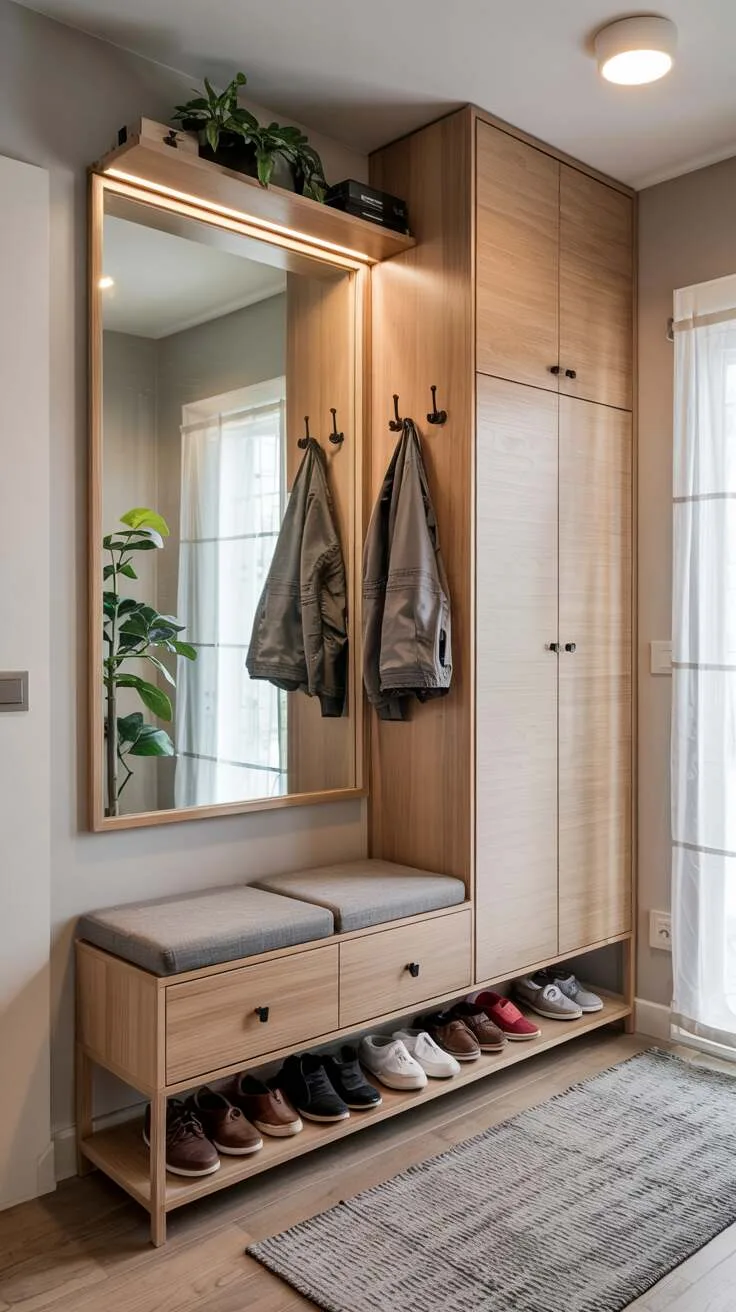 Scandinavian entryway with multifunctional light wood furniture and hidden storage.