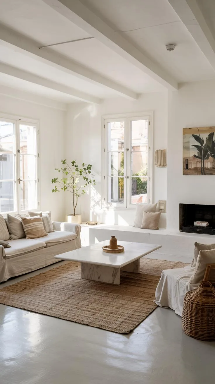 Airy living room with crisp white walls and minimal neutral-toned furniture.