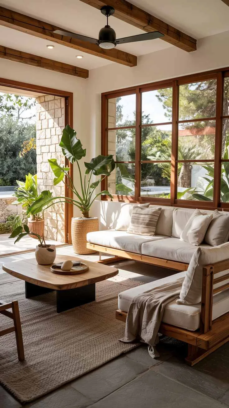 Bright living room featuring wood, stone, linen, and plants with large windows blurring indoor and outdoor boundaries.