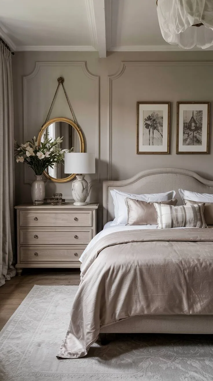 Serene bedroom with dove gray walls, taupe bedding, and light wood furniture.