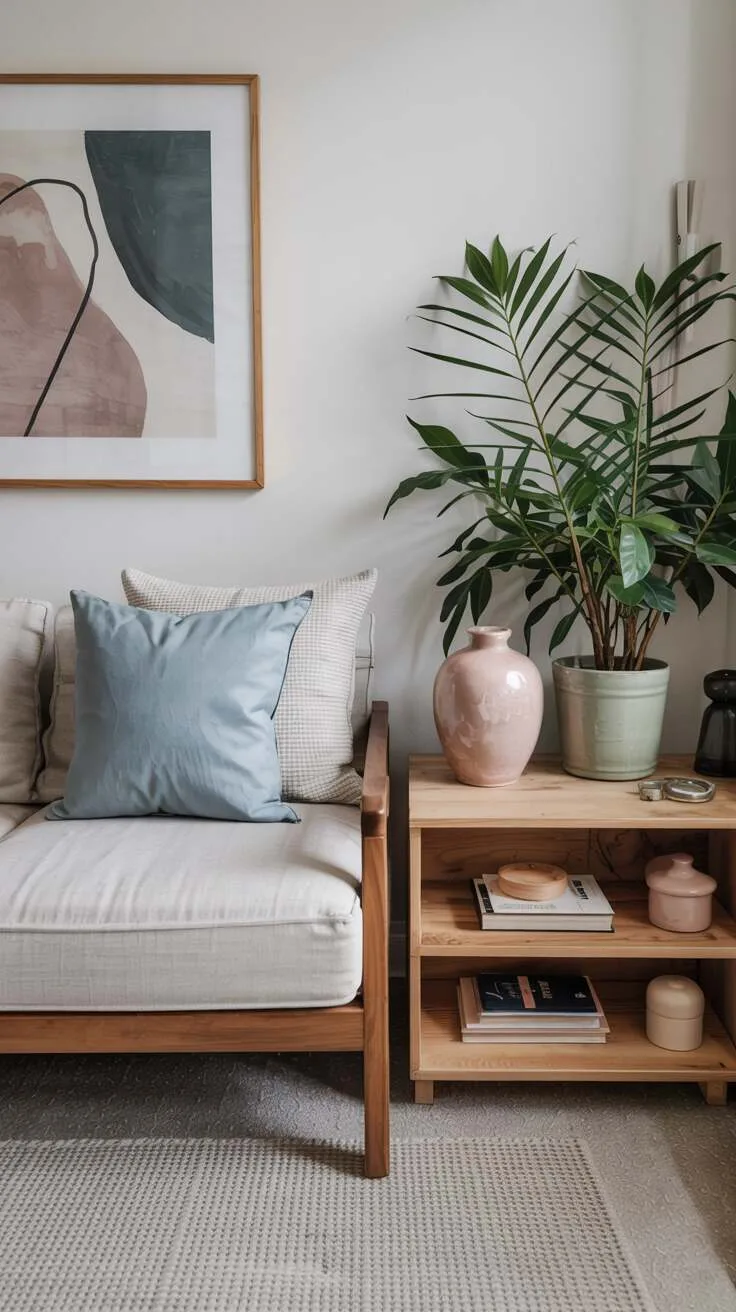 Neutral living room with pastel accents in blue, pink, and green harmonizing with light wood and white walls.