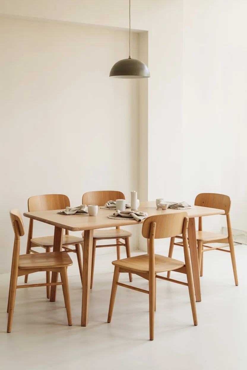 Dining area with pale wood table, simple chairs, and white ceramics under pendant lighting.
