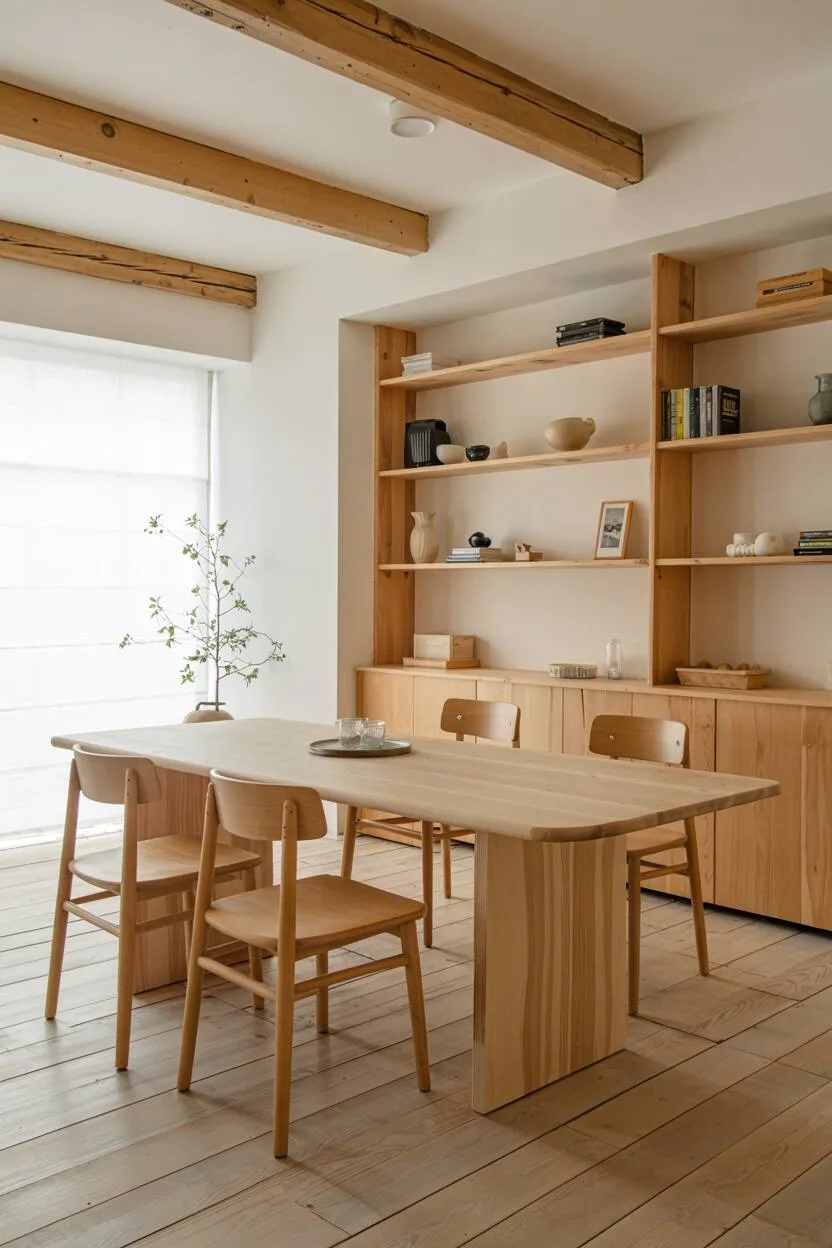 Dining area featuring ash flooring, birch table, and pine shelving in a white space.