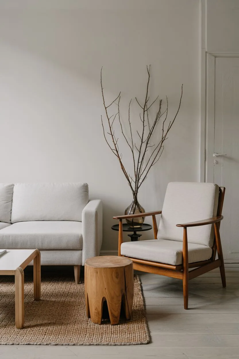 Scandinavian living room with gray sofa, simple armchairs, and wooden stool with clean lines.