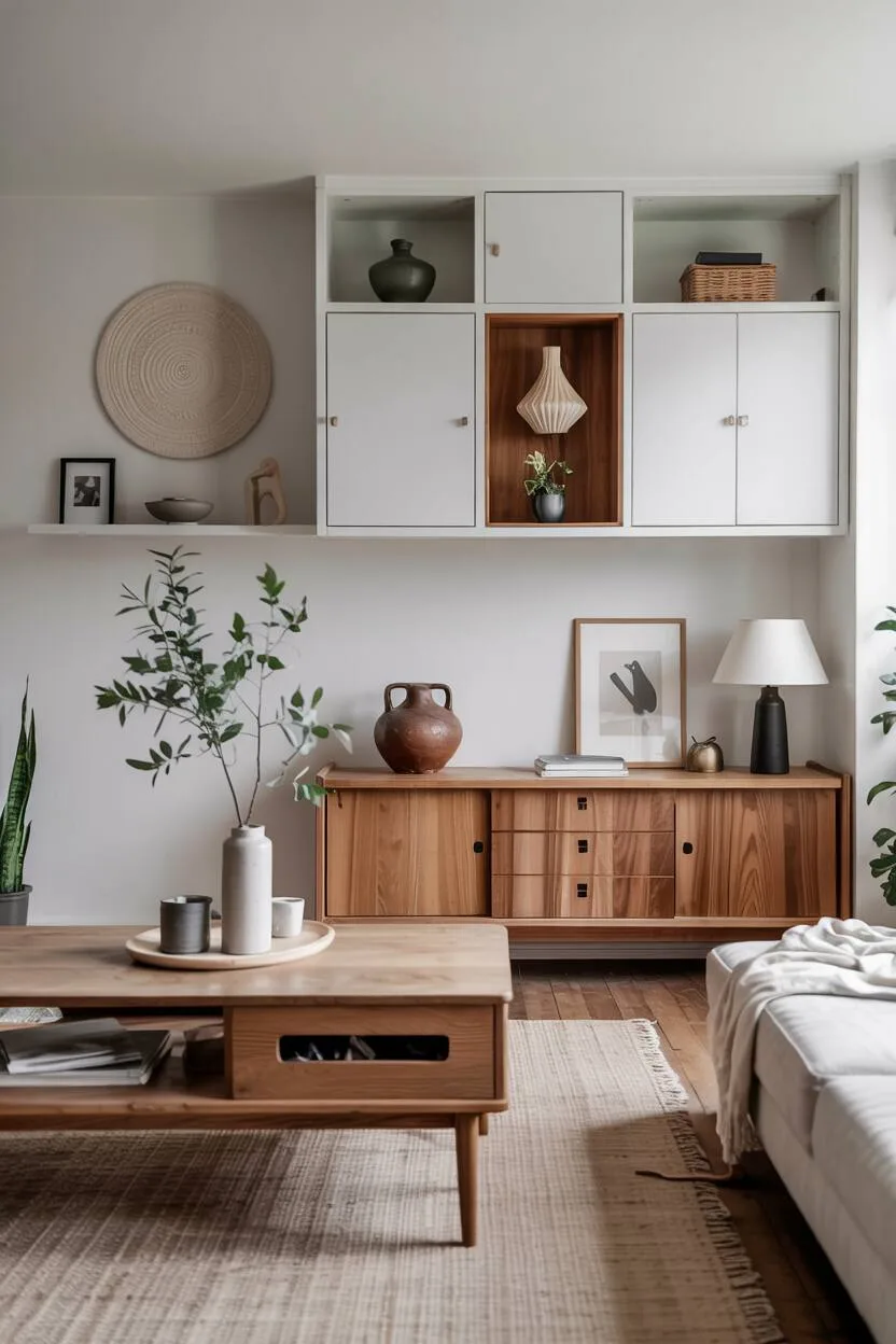 Scandinavian living room with built-in shelving, hidden storage coffee table, and minimalist sideboard.