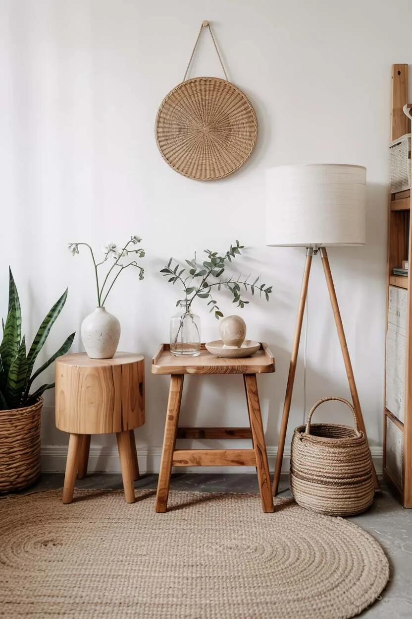 Scandinavian accent pieces including side table, wooden stool, lamp, and woven basket.