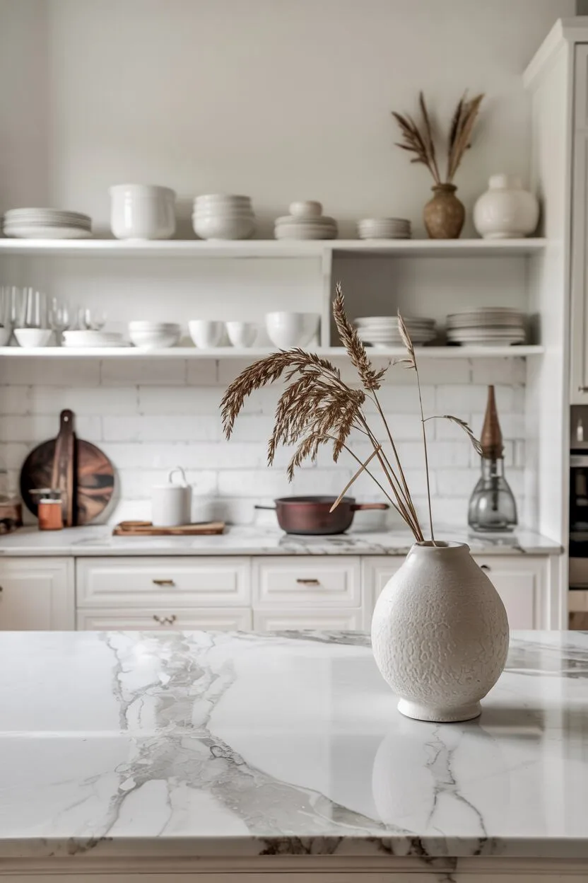 Scandinavian kitchen with marble countertop, white ceramics, and stone vase.