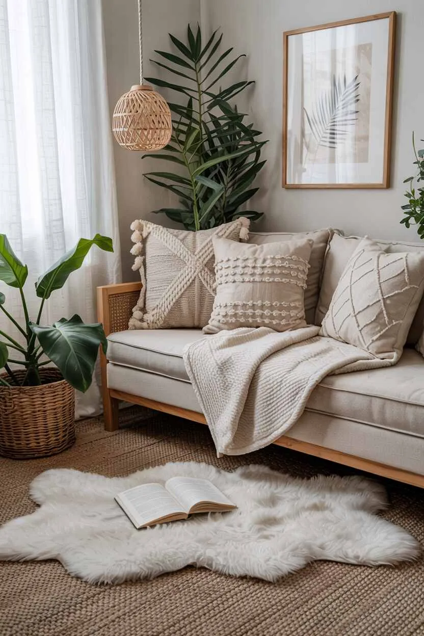 Cozy nook with chunky knit throw, sheepskin, linen cushions, and wool carpet.