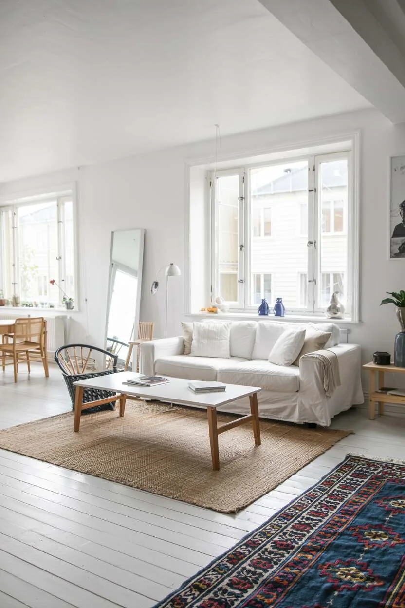 Bright Scandinavian living room with large windows and reflective surfaces amplifying daylight.