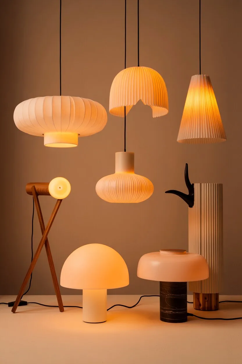 Minimalist Scandinavian pendant, floor, and table lamps on neutral background.