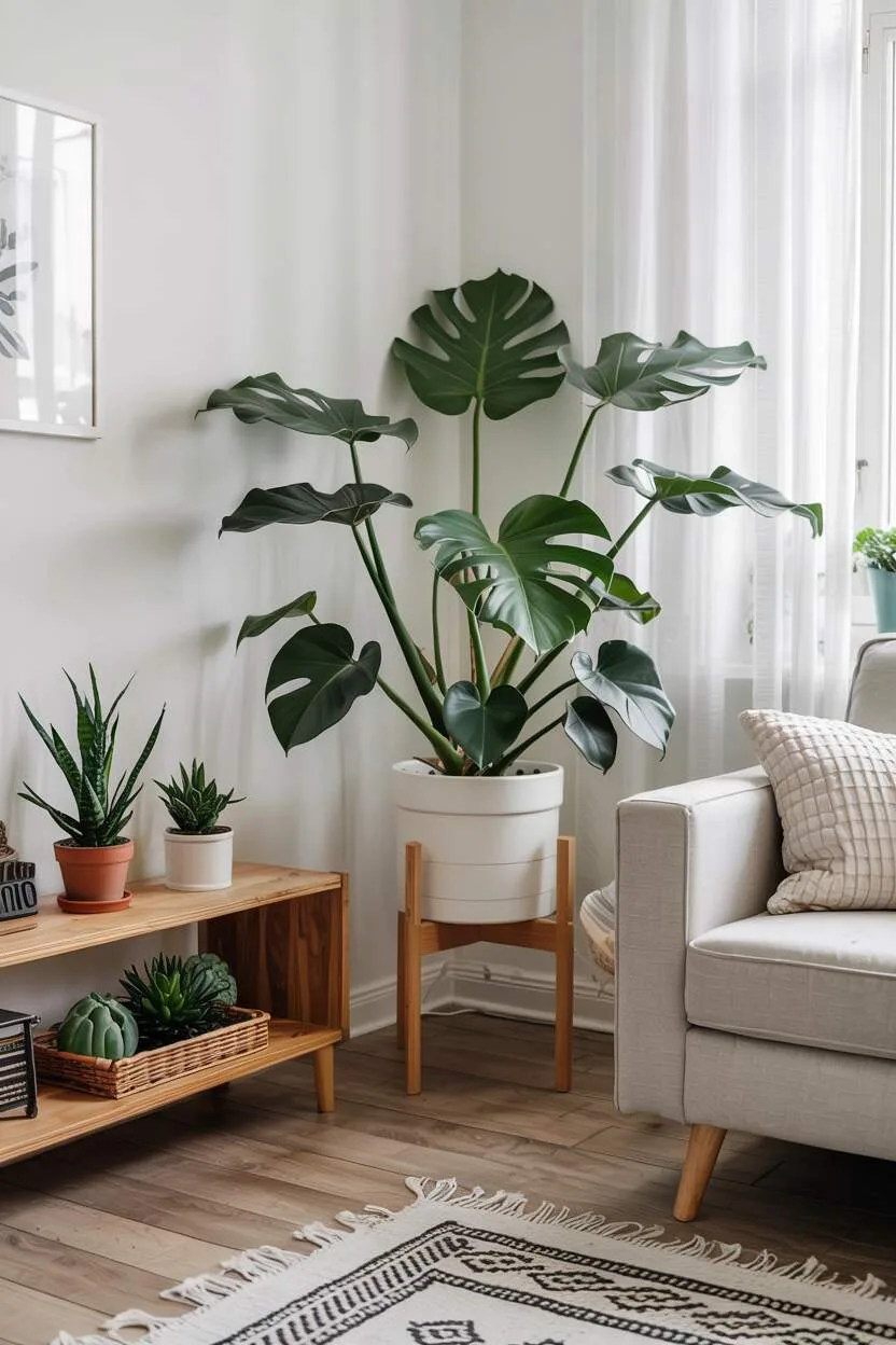 Scandinavian living room with Monstera, succulents, and Ficus Lyrata adding greenery.