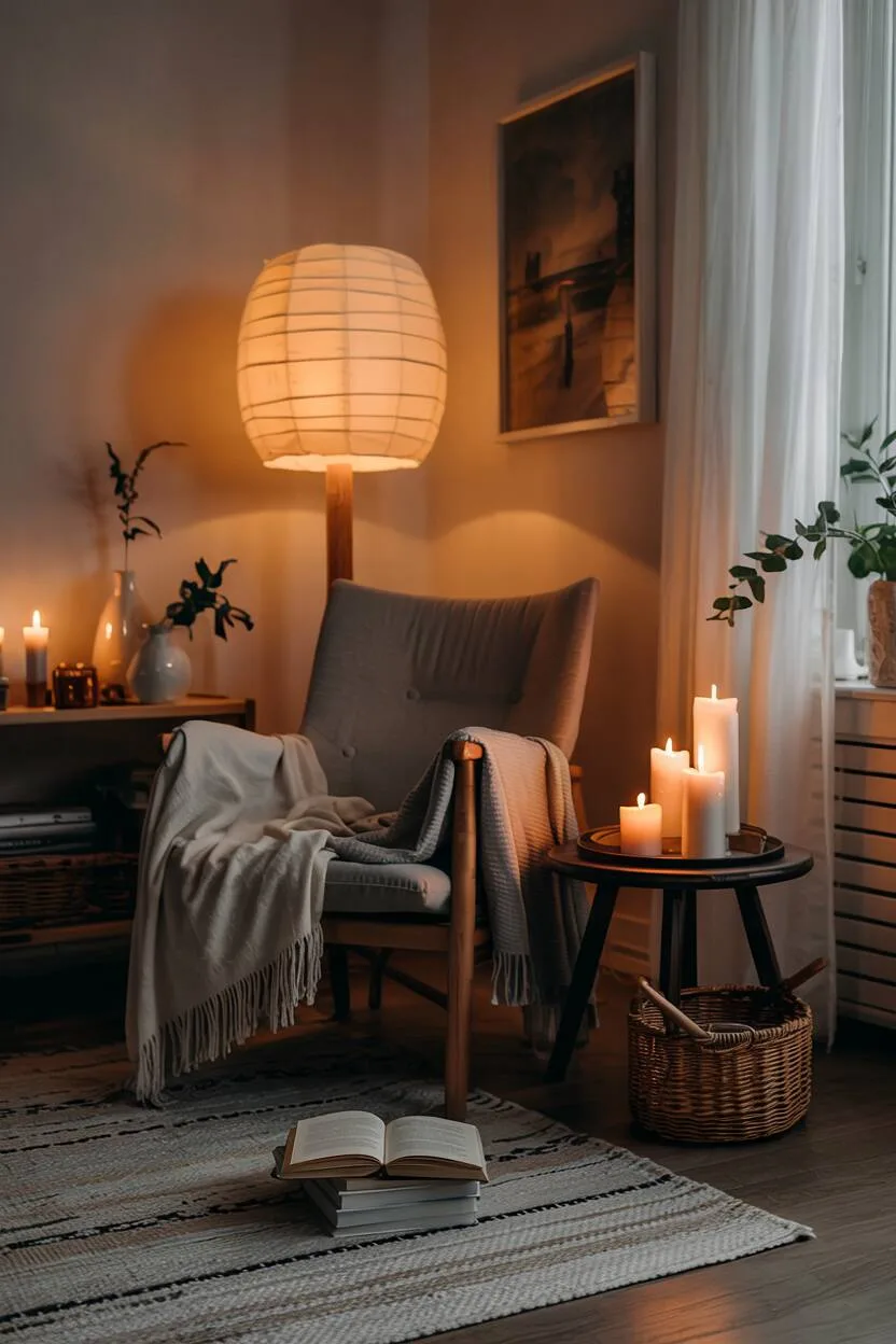 Cozy Scandinavian corner with candles, warm lighting, and soft textiles illustrating hygge.
