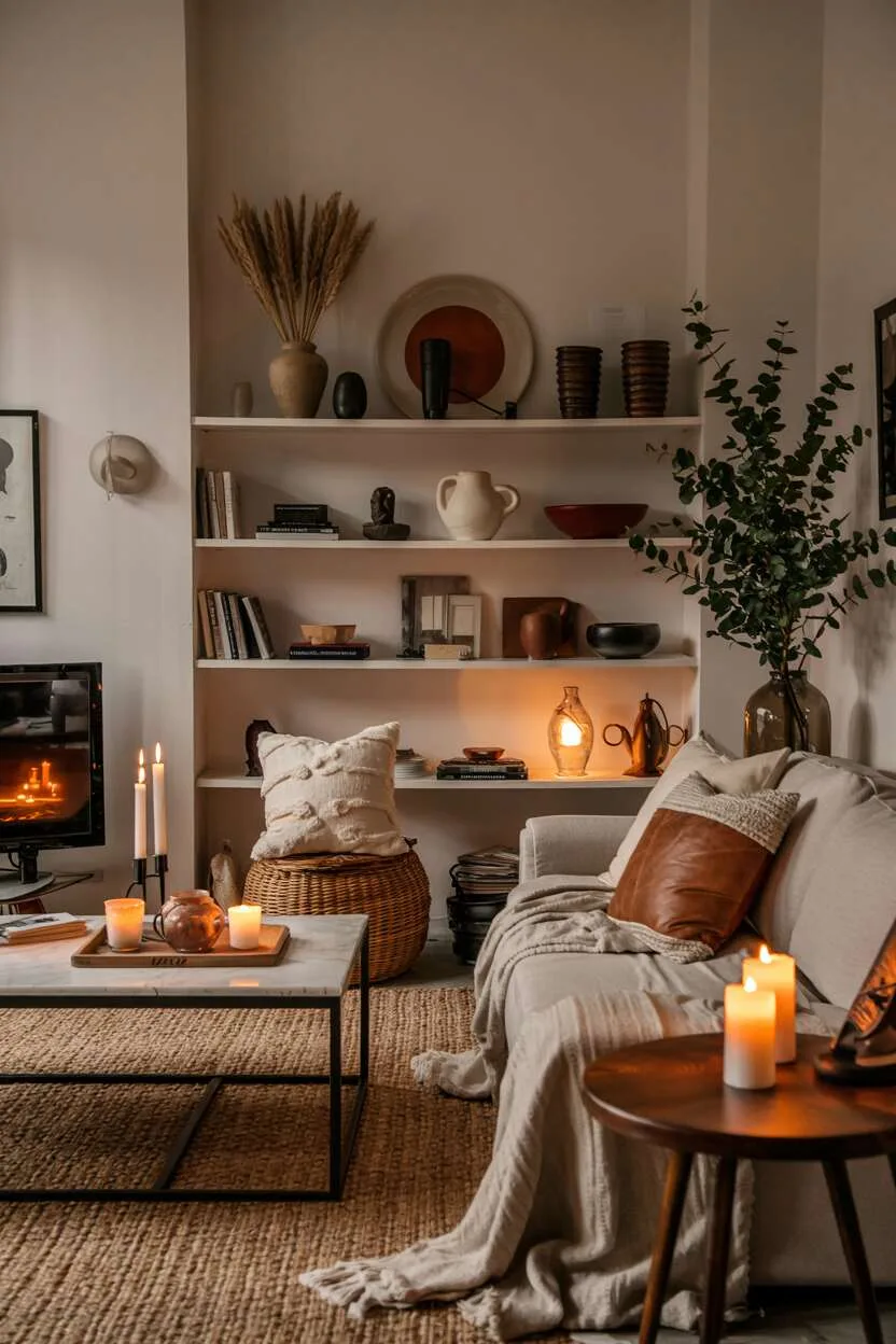 Scandinavian living room arranged for conversation with soft textiles and candlelight.