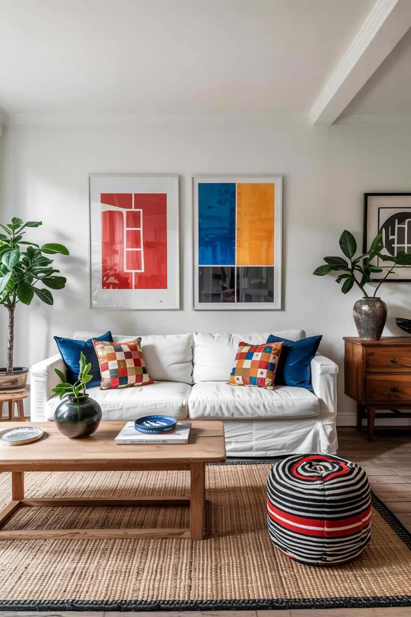 Modern Scandinavian living room with white walls, light wood, and bold accents.