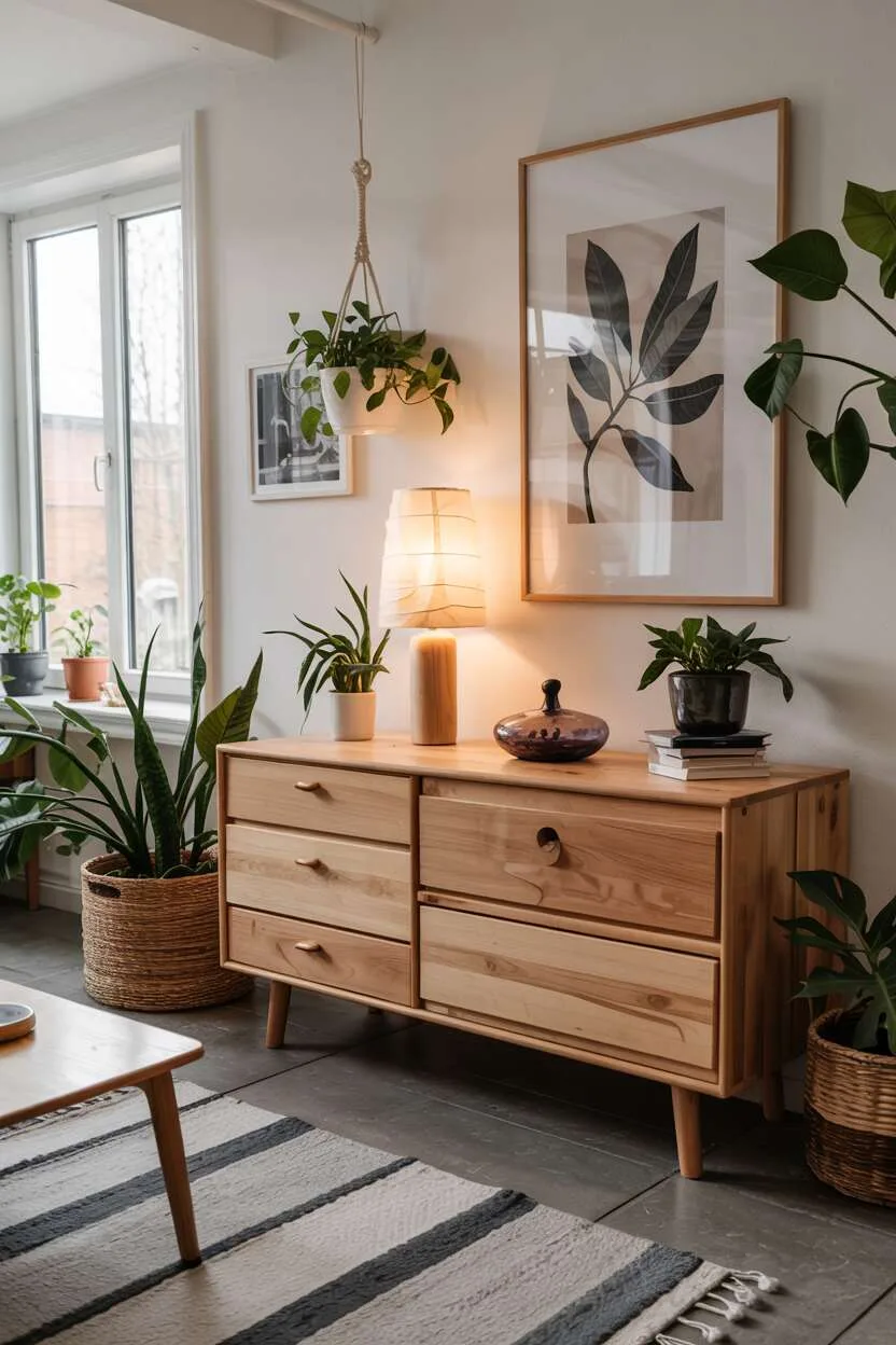 Eco-friendly Scandinavian interior with sustainable wood, organic textiles, and plants.