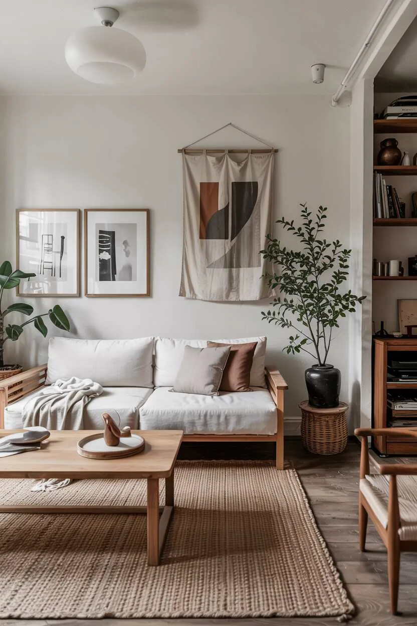 Japandi fusion living space combining Scandinavian lightness with Japanese minimalism through natural materials.