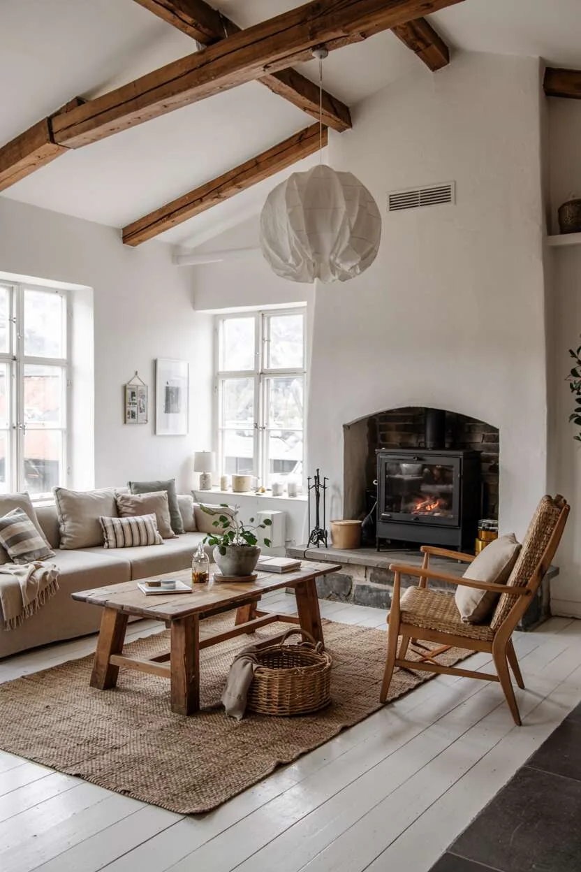 Scandinavian interior with rustic elements like exposed beams and stone fireplace.