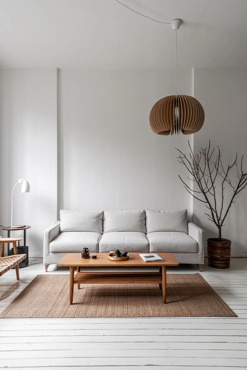 Ultra-minimal Scandinavian living room with white walls and pale floors.