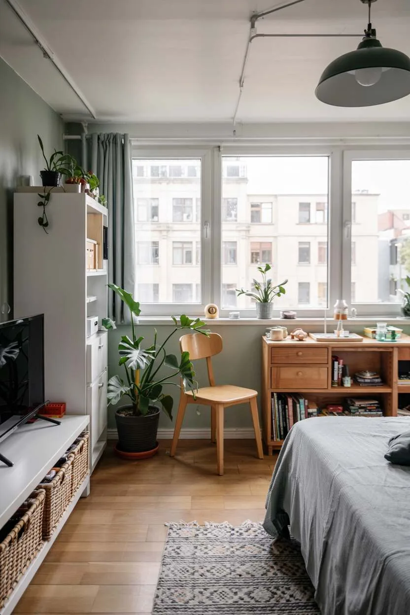 Compact city apartment with Scandinavian design featuring smart storage and plants.