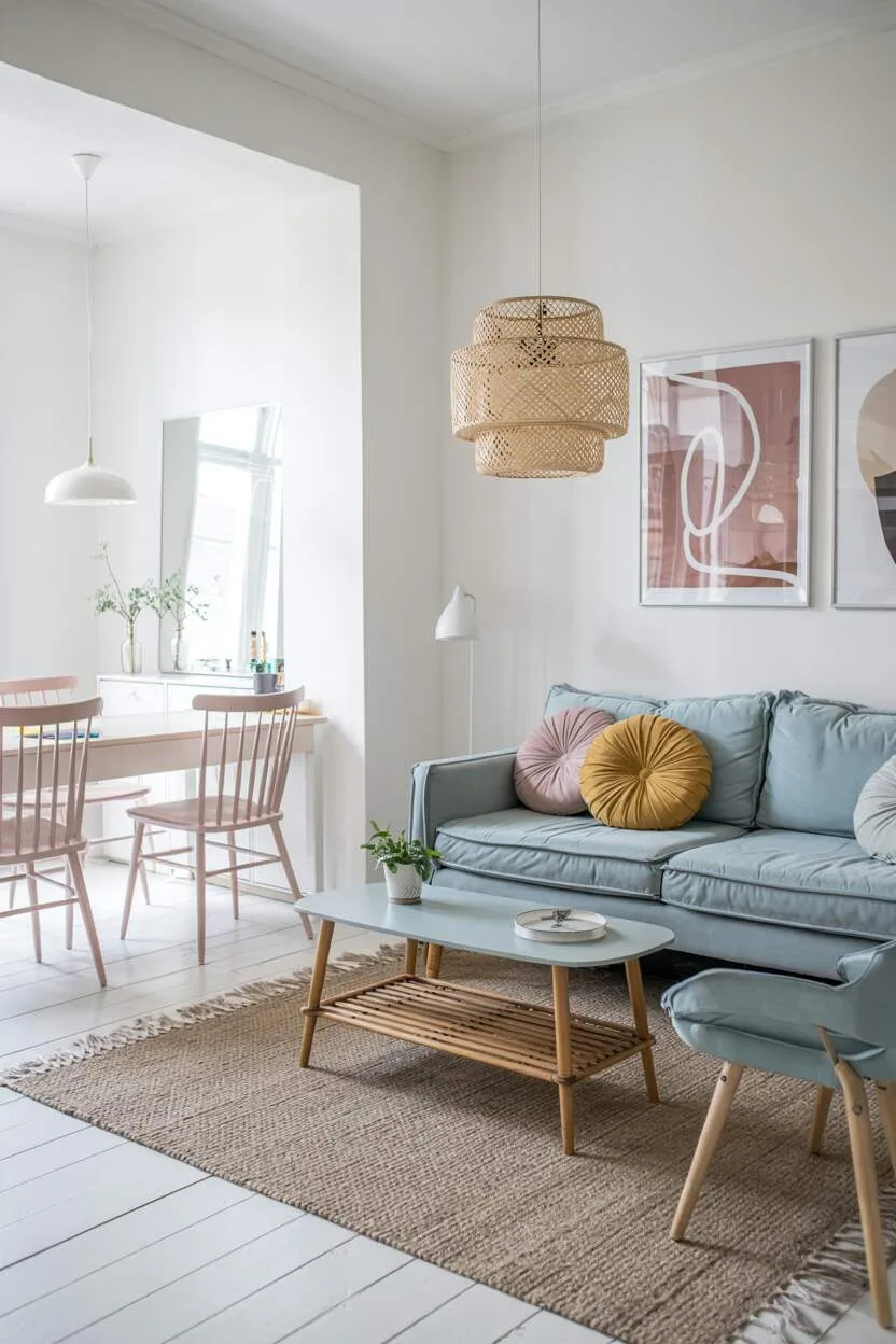 Scandinavian interior with dusty pink chairs, soft blue sofa, and muted green accents.