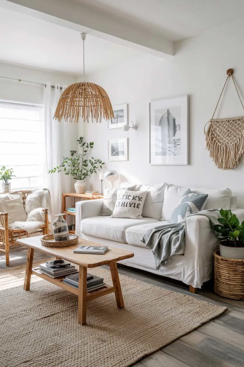 Scandinavian interior with coastal colors and natural textures evoking seaside tranquility.